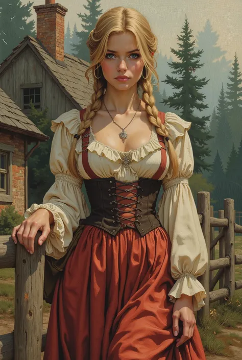 Illustration, Oil painting, Sexy 20 year old girl, blonde, Easy smile, historic aristocrat dress, hairstyle two braids, hair jewelry, stands by the fence against the background of a country cottage, watercolor background of a rustic coniferous forest, thig...