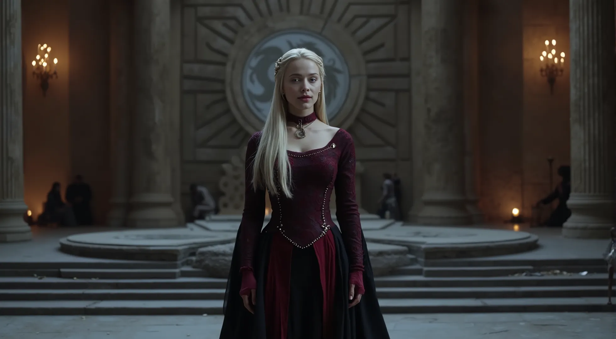 Create a powerful and regal portrait of Daenerys Targaryen standing in the grand Hall of Dragonstone. She is depicted as a slender, ethereal figure with silver-blonde hair cascading down her back in intricate braids, adorned with small dragon-shaped orname...