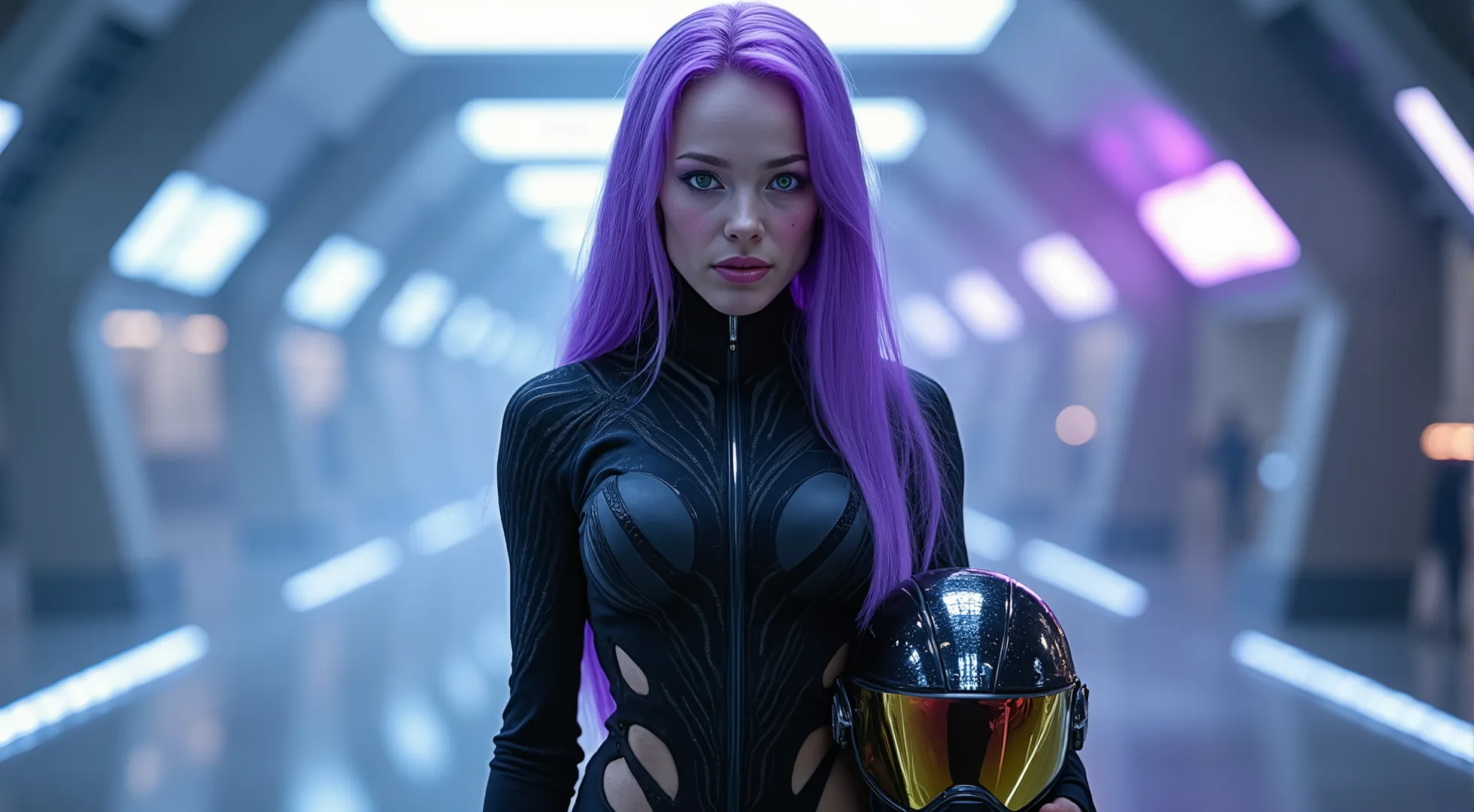 A hyper realistic, ultra-detailed portrait of a stunning female alien warrior with light purple skin, vibrant green eyes, and long, flowing purple hair that shimmers under the light. She has an athletic, toned humanoid physique, exuding both strength and e...