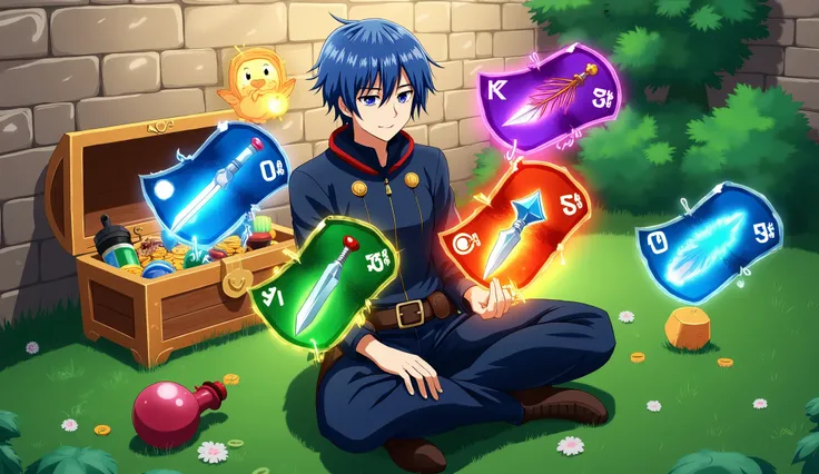 Anime-style fantasy scene. A serious-looking anime boy with short blue hair and a dark blue adventurer outfit is sitting on green grass next to a medieval stone wall. He is holding a glowing magical item card in one hand while five other colorful cards flo...