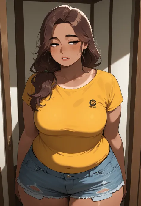 1 woman Latino, from Mexico. overweight, insecure, not confident, hot weather, short shorts jeans, too small yellow T-shirt, chubby, pudgy, wide hips, medium breasts, medium length dark brown hair, tanned, latino, adult, mature, no one else behind, 