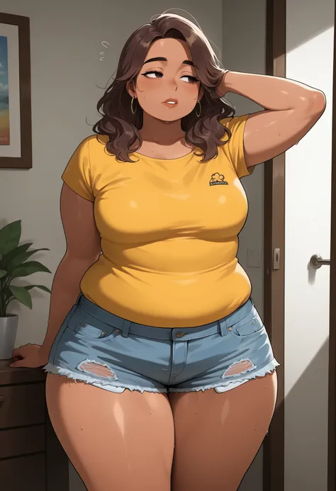 1 woman Latino, from Mexico. overweight, insecure, not confident, hot weather, short shorts jeans, too small yellow T-shirt, chubby, pudgy, wide hips, medium breasts, medium length dark brown hair, tanned, latino, adult, mature, no one else behind, 