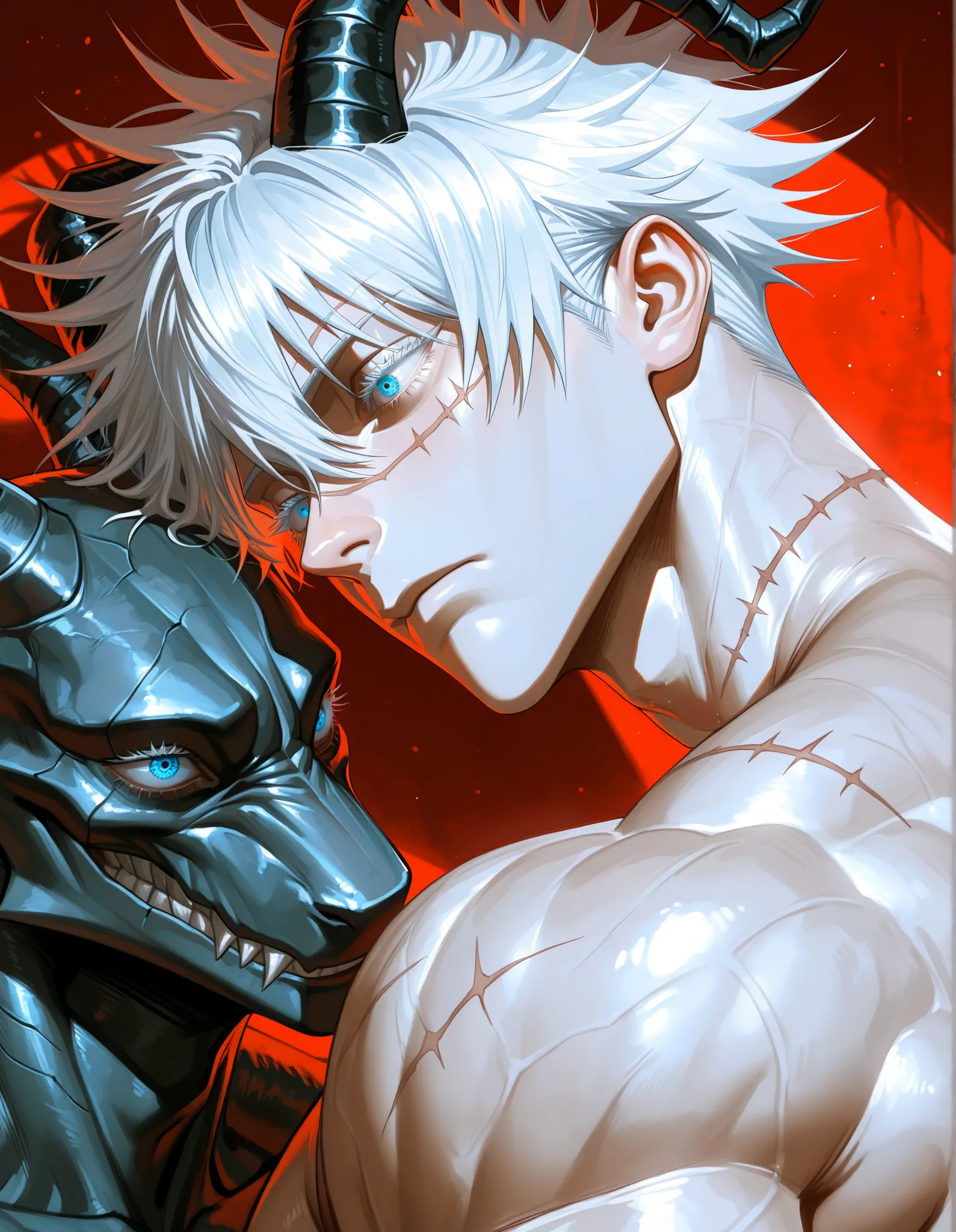 horns, scales,1man, adult, male focus, gojou satoru, jujutsu kaisen, white hair, short hair, ((hair between eyes)), colored eyelashes, white eyelashes, blue eyes, intricate eye iris, detailed eyes, muscular male, sexy man, handsome man, handsome face,
huge...