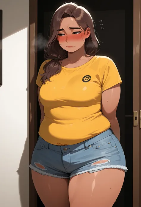 1 woman Latino, from Mexico. overweight, insecure, not confident, hot weather, short shorts jeans, too small yellow T-shirt, chubby, pudgy, wide hips, medium breasts, medium length dark brown hair, tanned, latino, adult, mature, no one else behind, embarra...