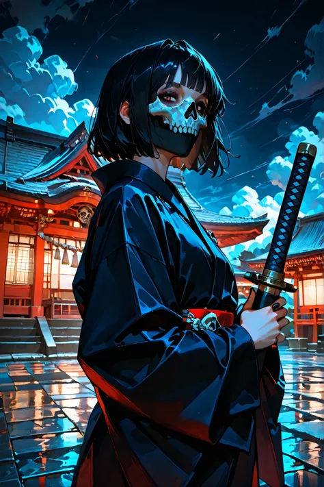 (SuperQuality:1.0) ~ (SuperQuality:1.2), detailxl, girl, Solo, High Resolution, Best Quality, High Details, Super Detailed, shrine, (simon_riley), ((skull_mask)), kimono, short hair, black hair, long nails, black nails, looking at viewer, night, beautiful ...