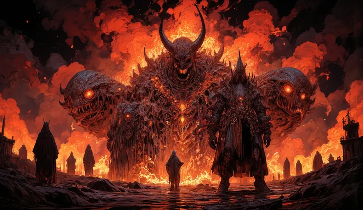 Hell scenes, excerpt from the book by Dante Alighieri, Gustave Doré style,4K,detailliert,gloomy apocalyptic landscape,burning fire and flames,twisted bodies of the damned,distorted faces full of suffering and torment,devil creatures with horns and claws,th...