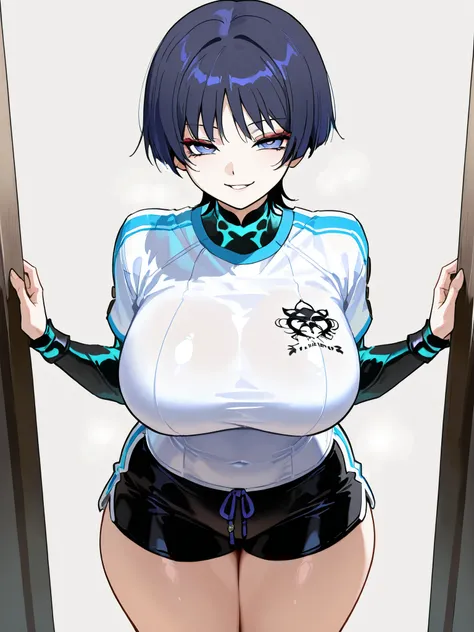 1girl, solo, looking at viewer, facing viewer, cowboy shot angle, simple background, best quality, highly detailed, eyelashes,  , scaramouche female version, thick body, white tight jersey, short hair, blunt bangs, naughty eyes, black jersey shorts, curvy ...