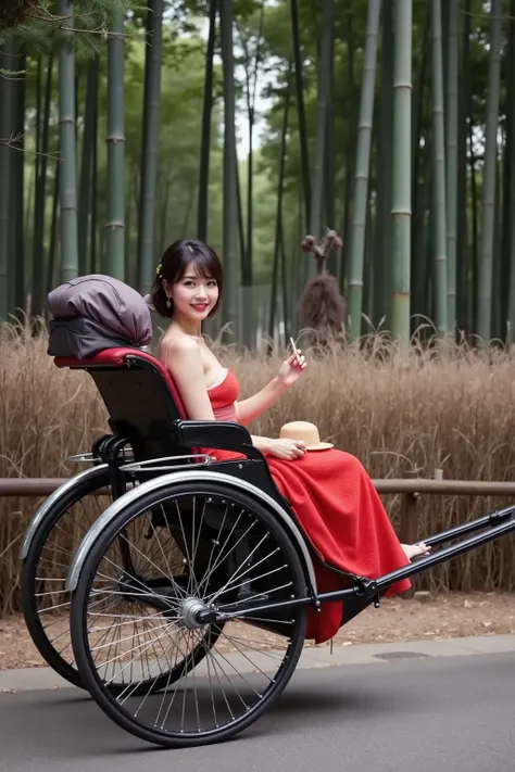 realistic,Law Angle,((Upper Angle)),((Looking down)),Bamboo forest in Kyoto,one Japanese woman riding a rickshaw,hair up,long slant eyes,A smile with the corners of the mouth turned up,Luxurious kimono based on red,Black luxury belt,hairpin on my head