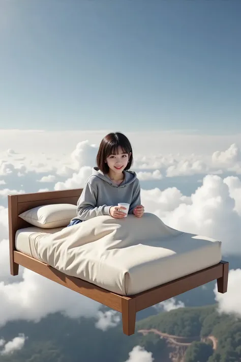 realistic,Realistic depiction,((Big flying bed)),fly through the sky,1 Japanese woman,((relax)),short shorthairs,((long slant eyes)),tight eyebrows,Foxy face,sweatshirt:hooded、oversized、gray,sweatshirtパンツ:gray,happy smiles,