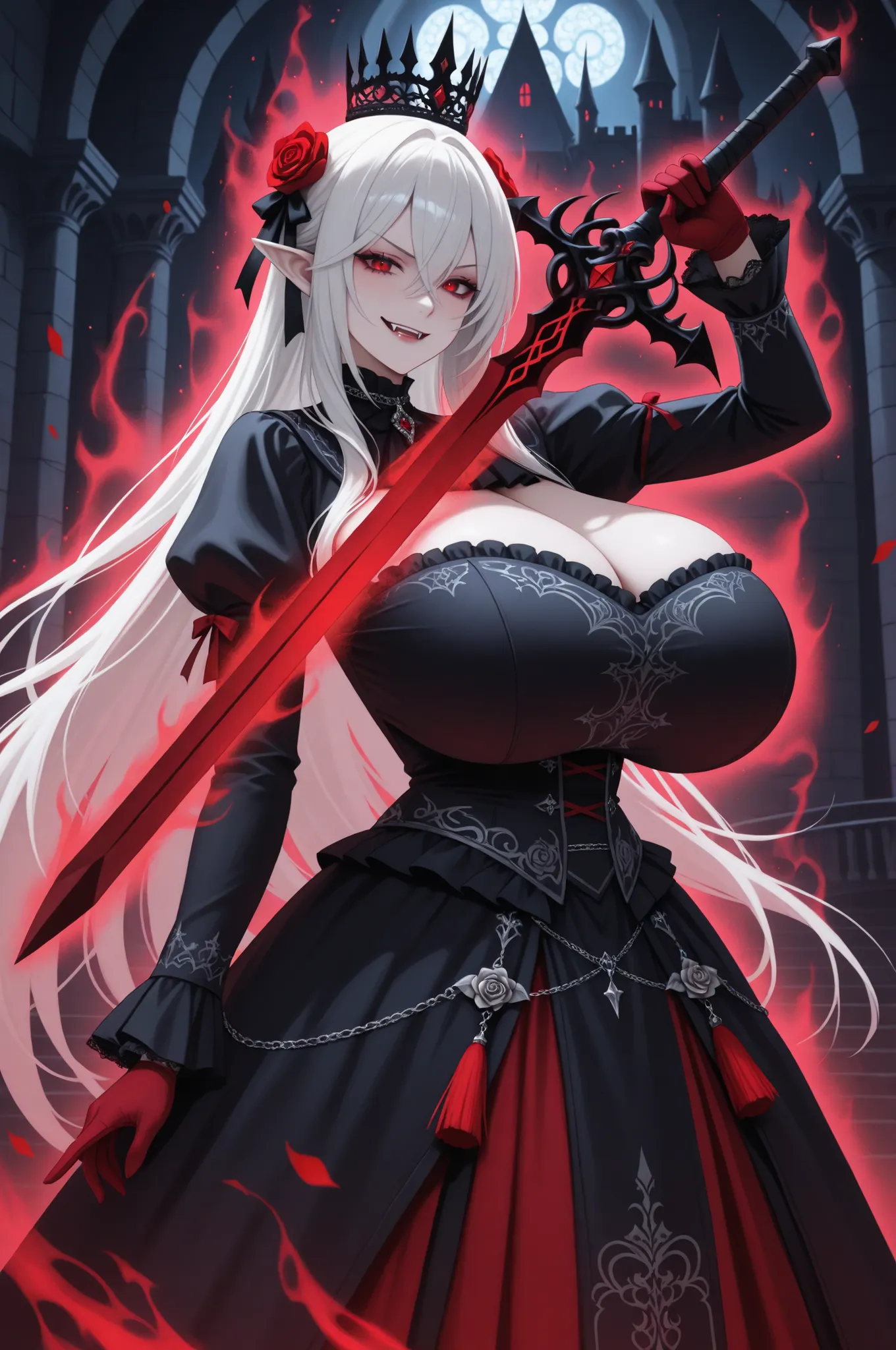 masterpiece,best quality,amazing quality,very aesthetic,absurdres,newest,1girl,bangs,vampire fangs,pointed ears,roses,hair between eyes,hair rose,hair ornament,(holding a sword), gigantic breasts,gothic medieval dress,long white hair,long sleeves,looking a...
