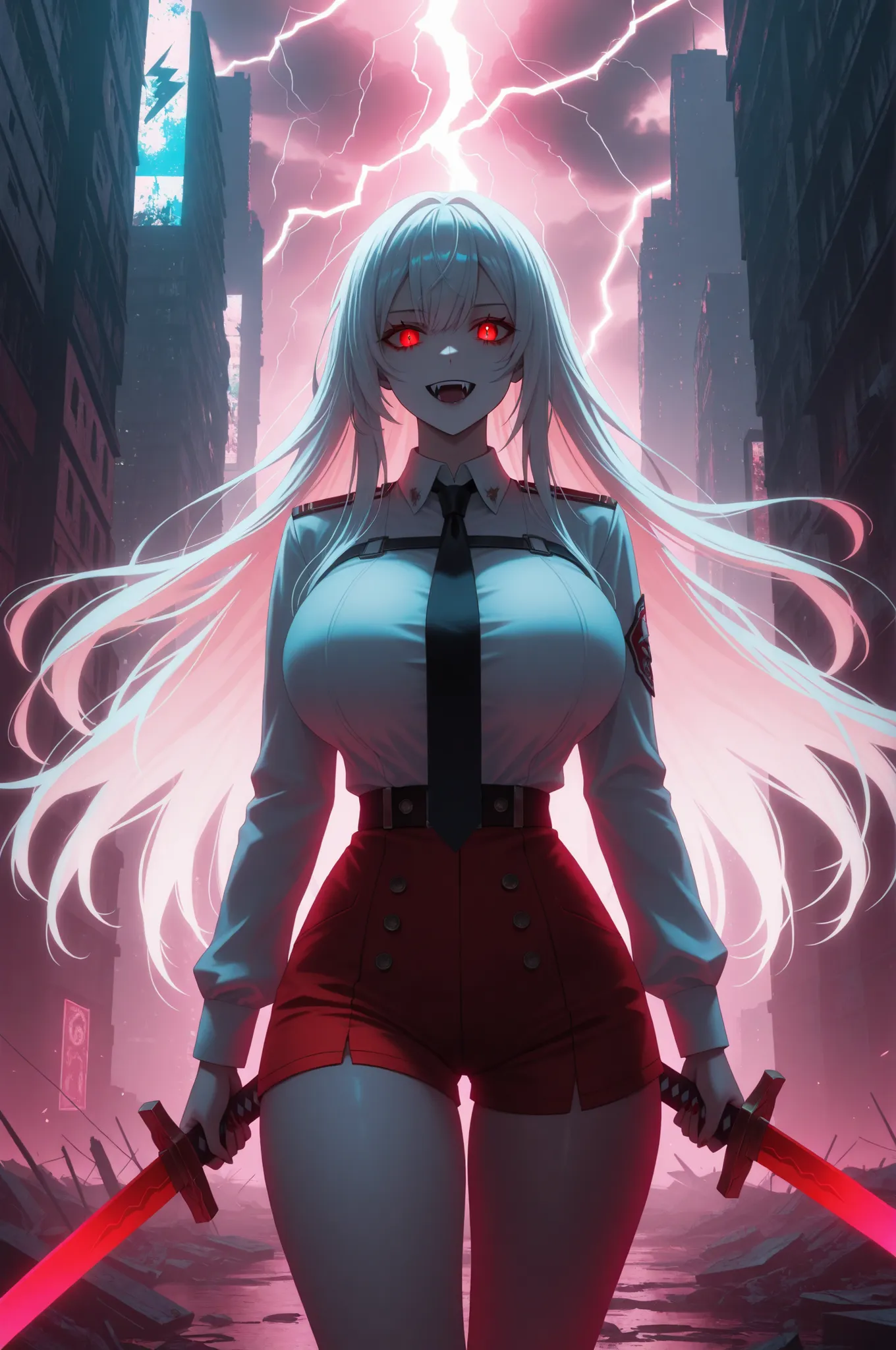 long white hair, vampire, glowing red eyes, uniform, white shirt, tie, red shorts, holding sword, 1girl, solo, vampire fangs, huge breasts, ruined futuristic city, dystopia, lightning storm, pink lighting, volumetric lighting, cinematic lighting,  masterpi...