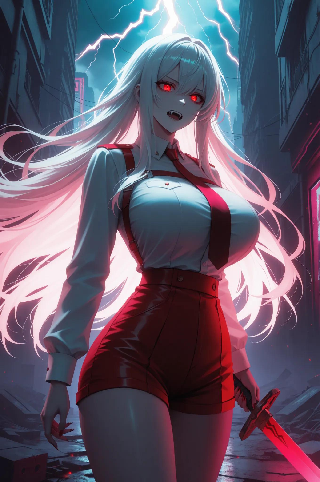 long white hair, vampire, glowing red eyes, uniform, white shirt, tie, red shorts, holding sword, 1girl, solo, vampire fangs, huge breasts, ruined futuristic city, dystopia, lightning storm, pink lighting, volumetric lighting, cinematic lighting,  masterpi...