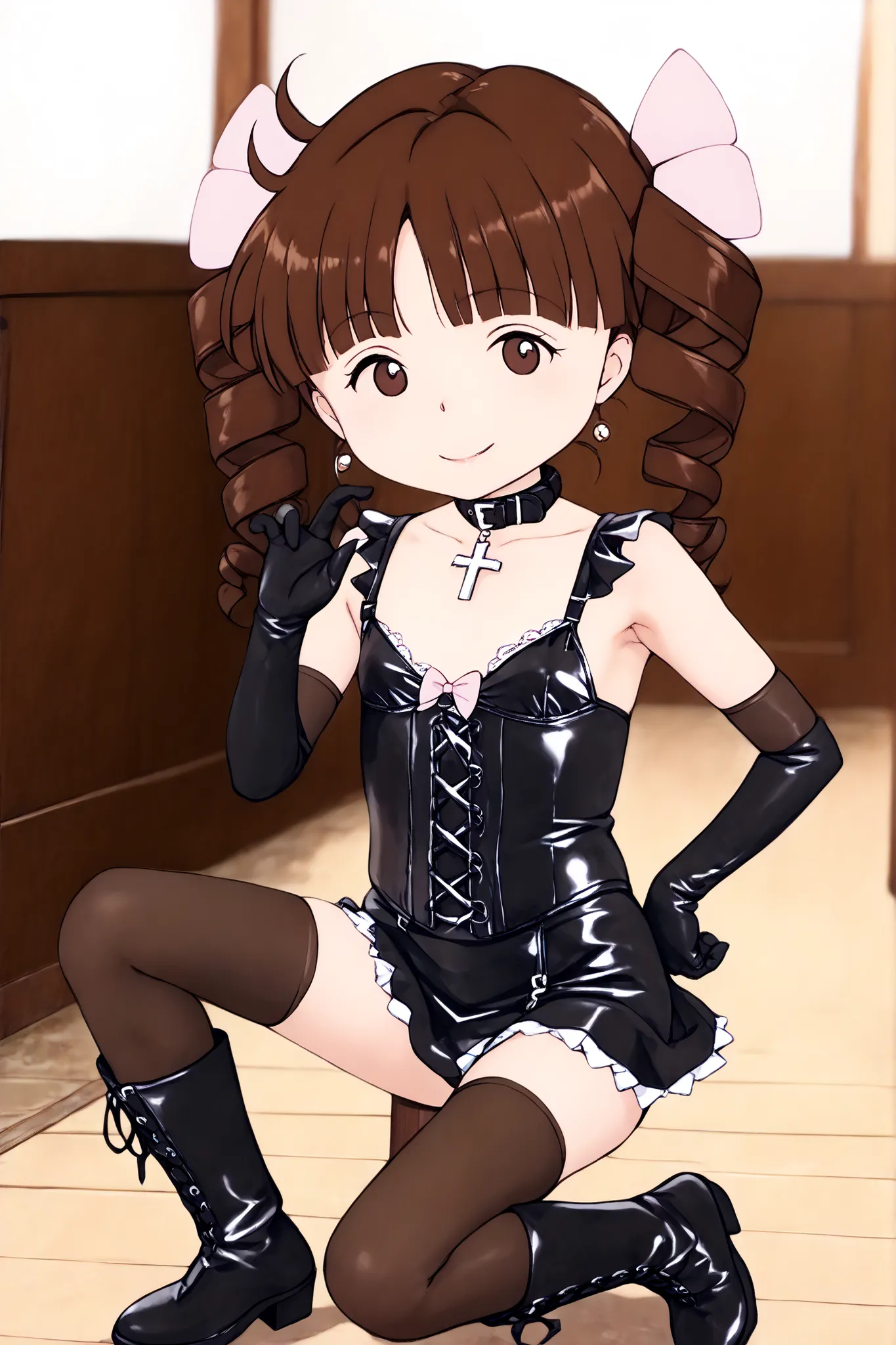  chibi、Short Height、 body type、small bust、3 Head Style、(((sitting cross-leged)))、spread legs、(man on all fours、Man Seated on His Back by a Girl、Man Being Replaced by a Chair、human chair、girl sitting on male's back、Human chair)、BDSM、Queen、mistress、(((girl))...