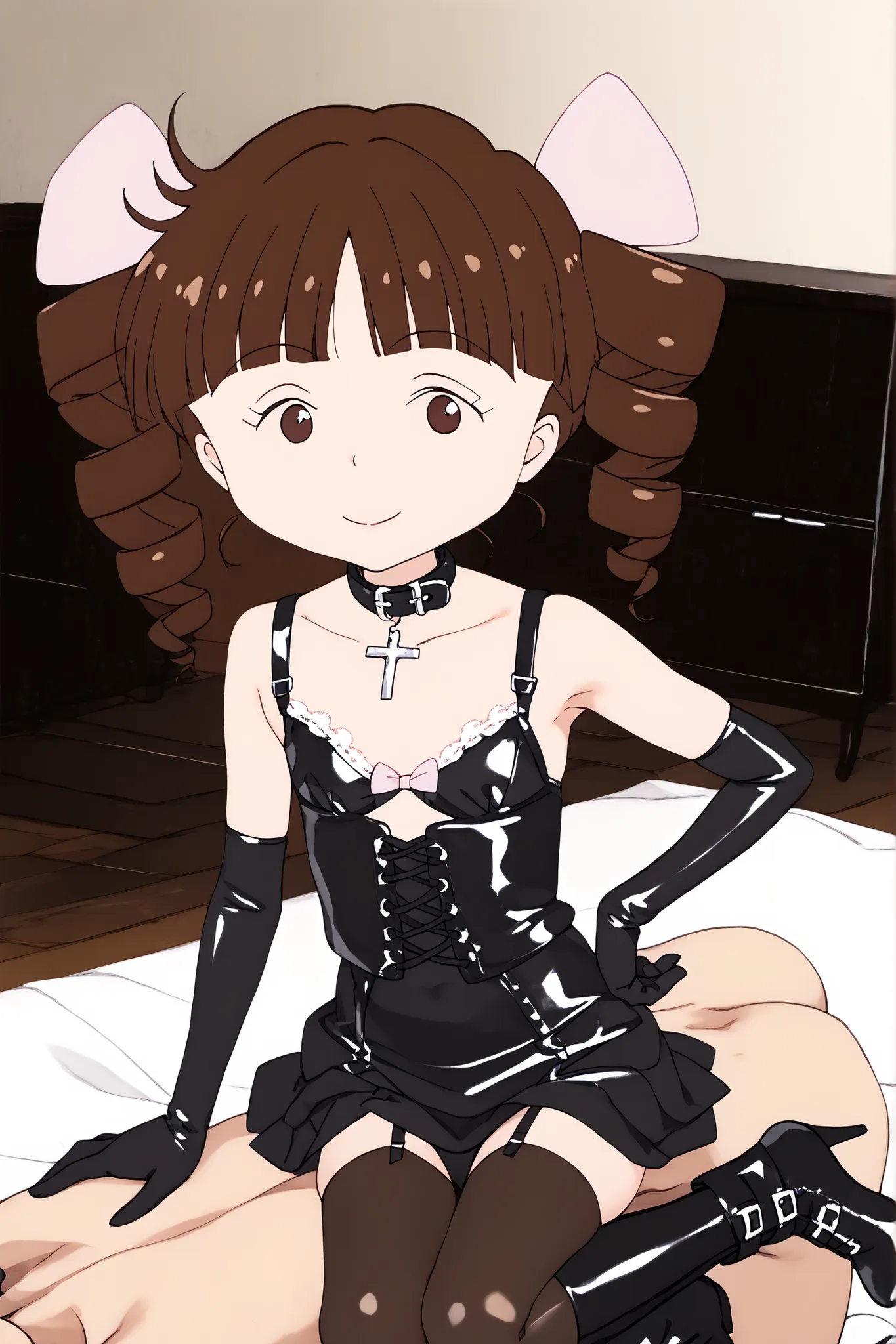  chibi、Short Height、 body type、small bust、3 Head Style、(((sitting cross-leged)))、spread legs、(man on all fours、椅子の代わりにman on all foursに座る女の子、Man Seated on His Back by a Girl、Man Being Replaced by a Chair、human chair、girl sitting on man's back、Human chair)、...