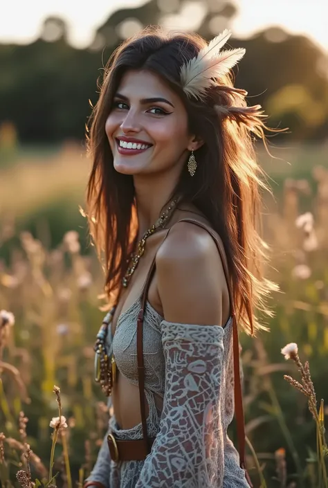 smiling woman, A bohemian woman standing gracefully in a sunlit meadow, wearing a flowy, patterned dress with lace details and a leather belt. Her long, wavy hair is adorned with natural ornaments like feathers and flowers, complementing her layered textur...