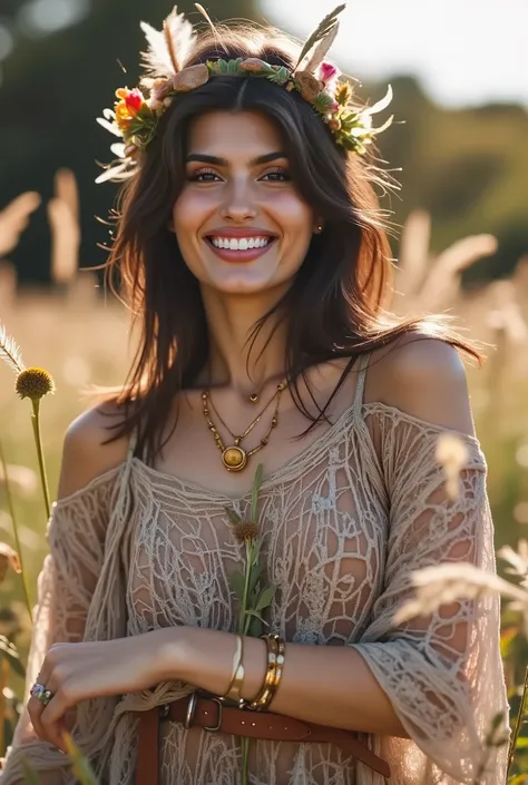 smiling woman, A bohemian woman standing gracefully in a sunlit meadow, wearing a flowy, patterned dress with lace details and a leather belt. Her long, wavy hair is adorned with natural ornaments like feathers and flowers, complementing her layered textur...