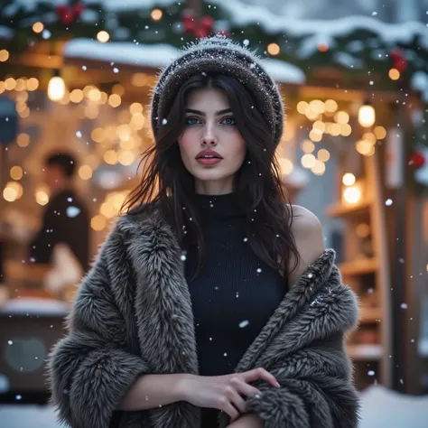 woman with long hair and detailed dark  eyes, wearing a fur coat and a fur hat, outside, christmas fair with lot's of decorations and christmas lights in the background, heavy snowing, 