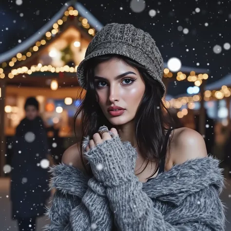 woman with long hair and detailed dark eyes, wearing a fur coat and a fur hat, outside, christmas fair with lot's of decorations and christmas lights in the background, heavy snowing,