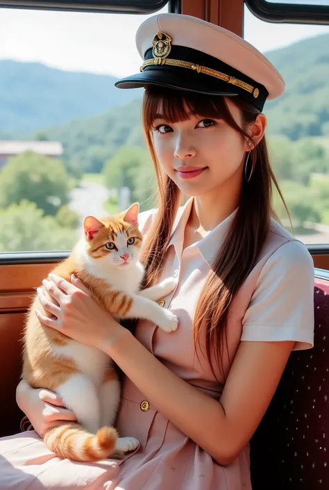 Create a stunning photo book featuring a beautiful Japanese idol girl with fair skin. She has long, straight hair styled in a ponytail with bangs. Dress her in a refreshing early summer outfit, complete with a station master's hat. Capture her sitting on a...