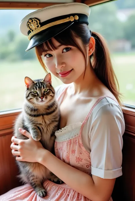 Create a stunning photo book featuring a beautiful Japanese idol girl with fair skin. She has long, straight hair styled in a ponytail with bangs. Dress her in a refreshing early summer outfit, complete with a station master's hat. Capture her sitting on a...