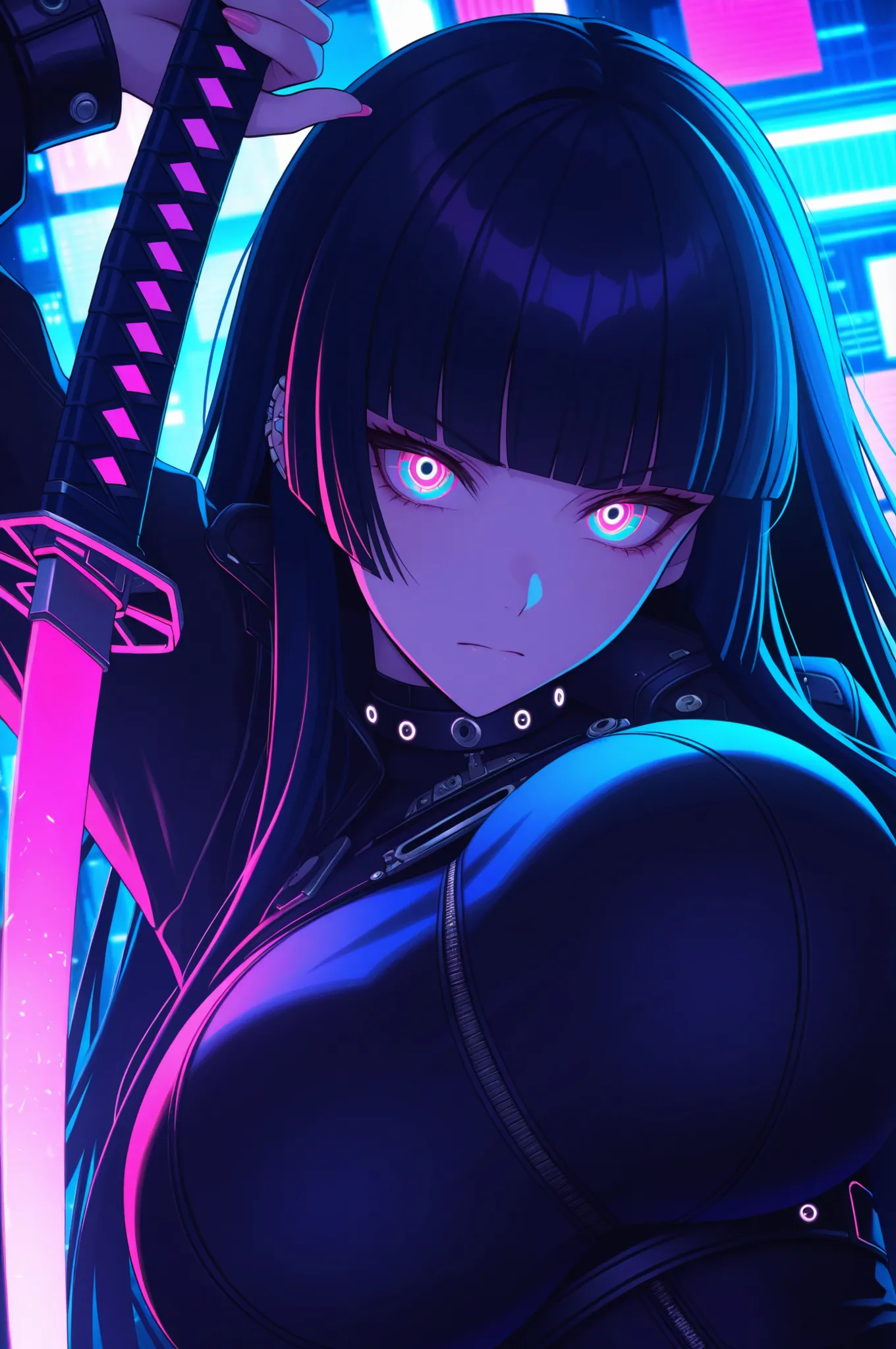 masterpiece, best quality, good quality, absurdres, highres, cyber punk,
BREAK 
1girl, Face Focus, Side Angle, upper body, black hime cut, (magenta eyes), holding Katana pose,dynamic angle, huge breasts
BREAK
Backlight, one side light, cybernetic digital b...