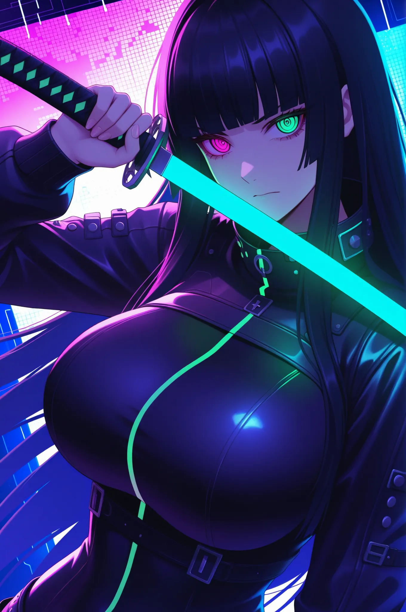 masterpiece, best quality, good quality, absurdres, highres, cyber punk,
BREAK 
1girl, Face Focus, Side Angle, upper body, black hime cut, (magenta eyes), holding Katana pose,dynamic angle, huge breasts
BREAK
Backlight, one side light, cybernetic digital b...