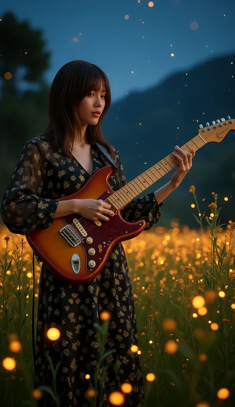(((Photorealism:1.2))), --v 5 --ar 3:4, img_1234.cr2, a young and talent Thai female guitar hero playing her jazz guitar for fireflies with fun, a lot of fireflies, beautiful nature, lovely night.