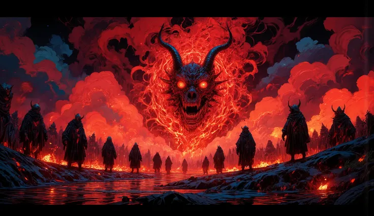Hell scenes, excerpt from the book by Dante Alighieri, Gustave Doré style,4K,detailliert,gloomy apocalyptic landscape,burning fire and flames,twisted bodies of the damned,distorted faces full of suffering and torment,devil creatures with horns and claws,th...