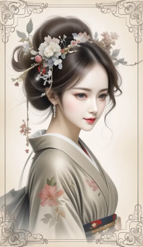 A Japanese painting seamlessly blended with a watercolor portrait of a maiko, adorned with intricate patterns and an elegantly embellished background. Ornamental elements gracefully encircle the image, enhancing its sophisticated aesthetic.