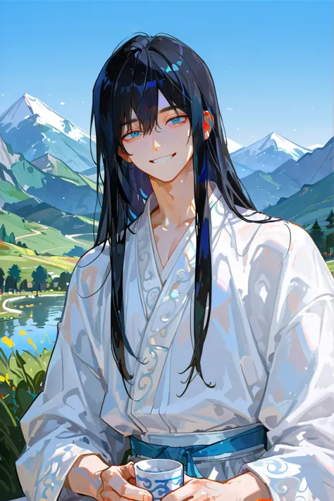 Single male, Long Black Hair, Blue eyed, god선, Smiling , god, white hanfu, mountain and valley background, umbrage, Sake and drinking glasses