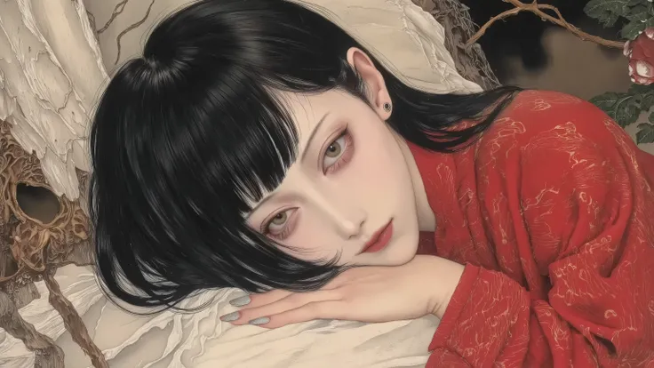 1 girl,beautiful face,turime,black hair,long straight hair ,Bob,hime cut, long hair,wearing red kimono,face down lying,hand on face,melancholy,erotic,vivid color,dynamic pose,detailed image,semi realistic image,detailed,Gustav Klimt style,ito jakuchu,nihon...