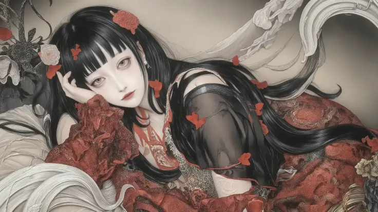 1 girl,beautiful face,turime,black hair,long straight hair ,Bob,hime cut, long hair,wearing red kimono,face down lying,hand on face,melancholy,erotic,sadness mood,vivid color,dynamic pose,detailed image,semi realistic image,detailed,Gustav Klimt style,ito ...