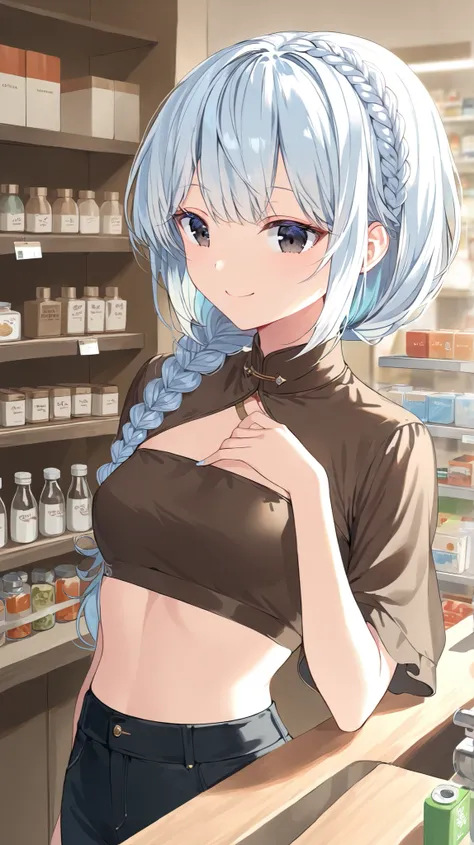 beautiful young Korean high school girl. She has black eyes, mix of light blue hair and white hair made into elegant braid crown haircut. She is wearing brown crop top and black jeans. She has small chest and hourglass figure, her posture is relaxed and sh...