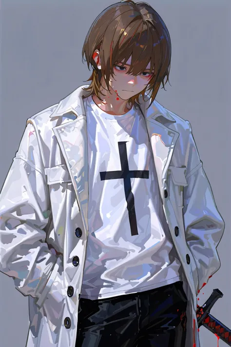 1 boy ,  in a completely collapsed building {x}, Talented person, Fighting with a black sword, wolf cut hair short brown hair,  BLACK EYES, Being attacked , blood, Looking straight ahead, Standing straight, White T-shirt, white coat , black pants, standing...