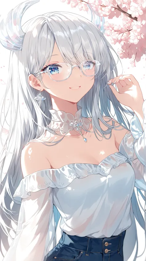 beautiful young Korean high school girl. She has light blue eyes, very long elegant white hair. She is wearing white wavy off shoulder top, dark brown tigtg jeans. She is tall and slim, has small chest and hourglass figure, her posture is relaxed and she h...