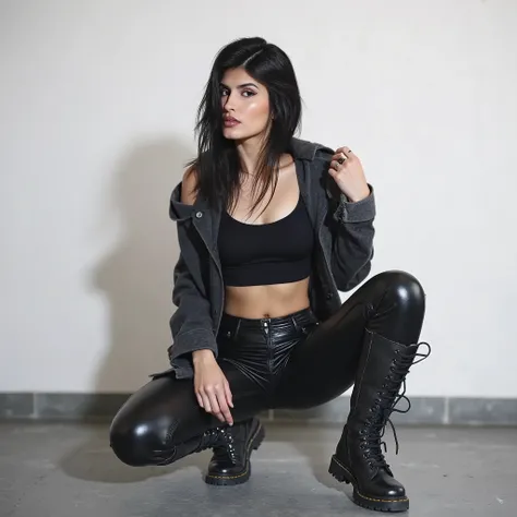 Yael Cohen Aris, This is a high-contrast photograph featuring a young woman with long hair. She is seated on the floor against a plain white wall, with her legs bent and her feet extended towards the camera. Her attire consists of tight, glossy black leath...
