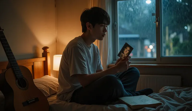 “A lonely young man sitting at the edge of his bed in a small, dimly lit bedroom at night. He is holding an old photograph gently, with a look of deep sadness and longing in his eyes. A soft warm desk lamp glows beside him, while outside the window, rain s...