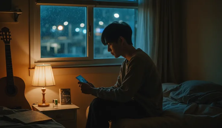 “A lonely young man sitting at the edge of his bed in a small, dimly lit bedroom at night. He is holding an old photograph gently, with a look of deep sadness and longing in his eyes. A soft warm desk lamp glows beside him, while outside the window, rain s...