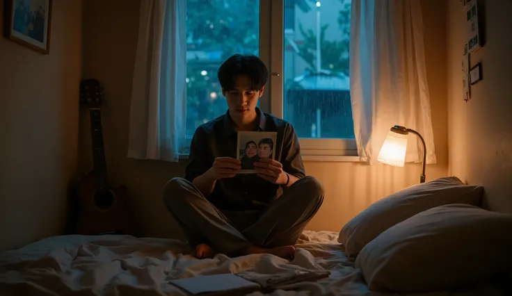 “A lonely young man sitting at the edge of his bed in a small, dimly lit bedroom at night. He is holding an old photograph gently, with a look of deep sadness and longing in his eyes. A soft warm desk lamp glows beside him, while outside the window, rain s...