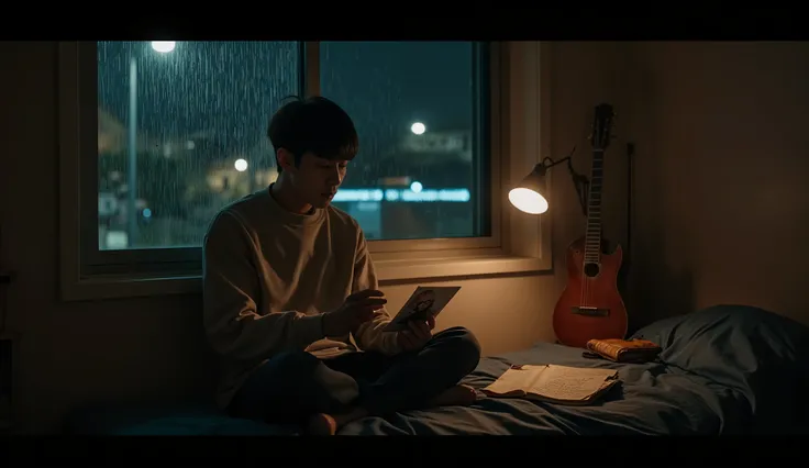 “A lonely young man sitting at the edge of his bed in a small, dimly lit bedroom at night. He is holding an old photograph gently, with a look of deep sadness and longing in his eyes. A soft warm desk lamp glows beside him, while outside the window, rain s...