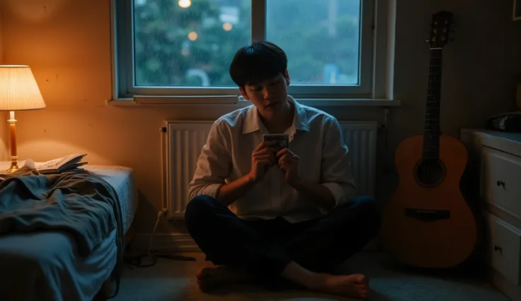 "A lonely young man sitting alone on the floor in a small, dimly lit bedroom at night, surrounded by memories of a past love. He holds an old, slightly faded photograph close to his chest, eyes closed, lost in thought. A soft desk lamp casts a warm orange ...