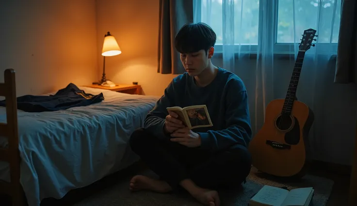 "A lonely young man sitting alone on the floor in a small, dimly lit bedroom at night, surrounded by memories of a past love. He holds an old, slightly faded photograph close to his chest, eyes closed, lost in thought. A soft desk lamp casts a warm orange ...