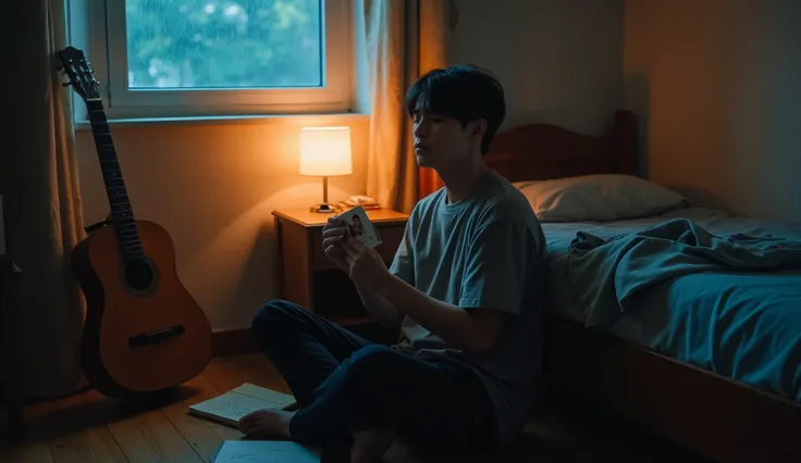 "A lonely young man sitting alone on the floor in a small, dimly lit bedroom at night, surrounded by memories of a past love. He holds an old, slightly faded photograph close to his chest, eyes closed, lost in thought. A soft desk lamp casts a warm orange ...