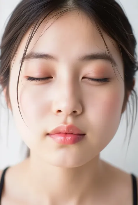 ultra-detailed close-up of a beautiful girl, collarbone-up composition, white studio background, soft natural lighting, slightly elevated front camera angle (around 35-60 degrees), full face and head visible in frame, chin gently lifted as if reaching up, ...