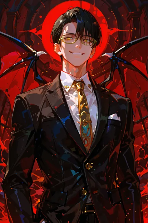1 adult male, devil wing,  with glasses , short black hair, gold eyes, long vertical eyes,  suit, Hell background , smiles,  slender jawline, handsome