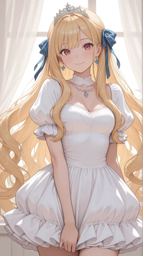 womanhood, puff sleeve dress, long wave hair, jewelry ribbon, Tiara, 