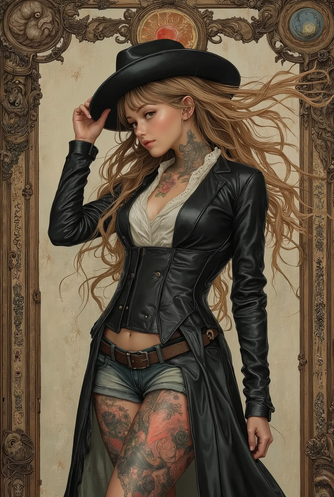 Semi-realistic portrait, using gothic style, beautiful women, viewed on profile, from the side. She stands on one straight leg, and the other leg pushed forward at an angle of about 45 degrees. With one hand she adjusts the margins of her black bolero hat....