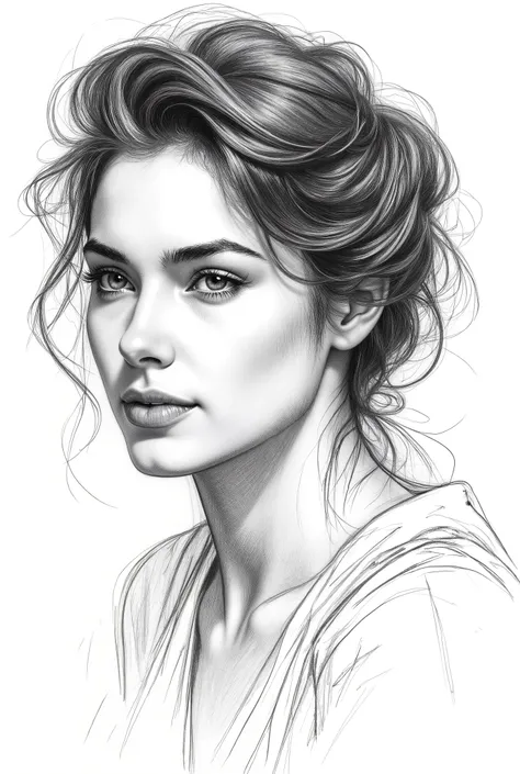 pencil drawing, Black and White, Touch of a pencil , soft-focus realism covered with graphite brushstrokes, gentle and confident expression, detailed Touch of a pencil , black and white sketch on white paper, with classical aesthetics、precise pencil portr...