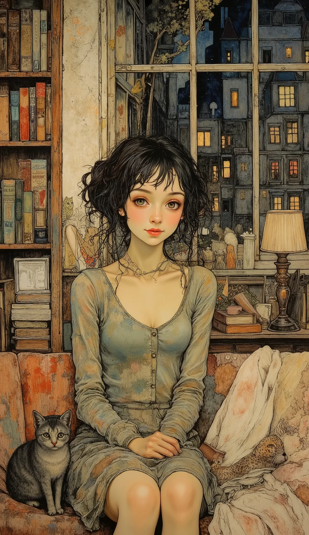 textured chalk pastel for subtle highlights, delicate charcoal shading for depth and contrast, warm, earthy color palette with ambient lighting casting soft shadows, A young woman with expressive, natural eyes and a gentle smile, soft oil brushwork adding ...