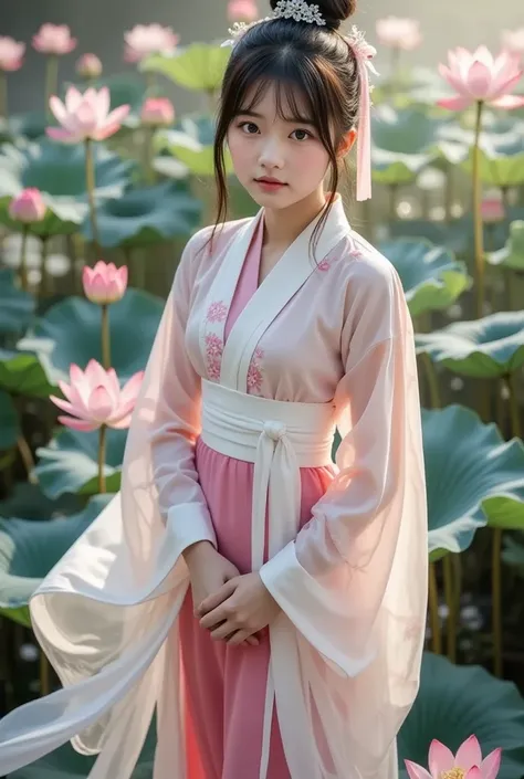 The young girl wears an elegant, traditional East Asian ensemble, features flowing robes in shades of pink and white, and the、.The elaborate design includes intricate floral patterns and、adding femininity and elegance to the、Her outer layer is lightweight, translucent fabric is adorned with pale pink floral motifs throughout、, drapes gracefully over the brighter pink garment she wears underneath. The wide sleeves of her outfit match the floral theme, are enhanced by delicate floral hair ornaments that enhance traditional aesthetics. wide white sash tightens her waist、, adds structure to her flowing silhouette. stands gracefully, ribbons and tassels add movement and depth to the overall composition. with soft hues and delicate designs、It gives vibe、standing on a lotus leaf、Around、Lotus flower blooms、Mysterious with haze、angle from above